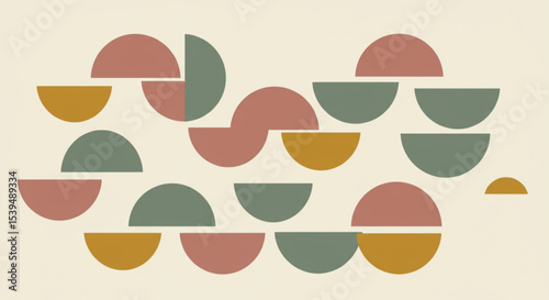 Classic & Minimal: inimalist Scandinavian geometric pattern, a playful arrangement of circles, semi-circles, and soft-cornered rectangles.