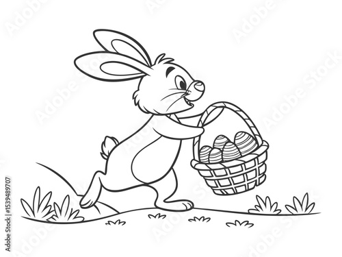 Easter Bunny holding a basket with Easter eggs. Black and white vector illustration for coloring book