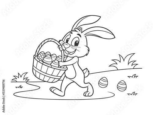 Easter Bunny holding a basket with Easter eggs. Black and white vector illustration for coloring book