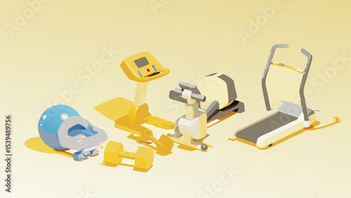 Isometric illustration showing various fitness equipment including treadmill and dumbbells on yellow background