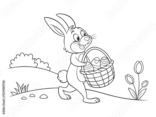 Easter Bunny holding a basket with Easter eggs. Black and white vector illustration for coloring book