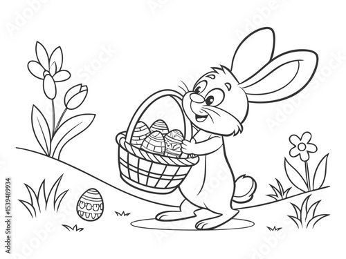 Easter Bunny holding a basket with Easter eggs. Black and white vector illustration for coloring book