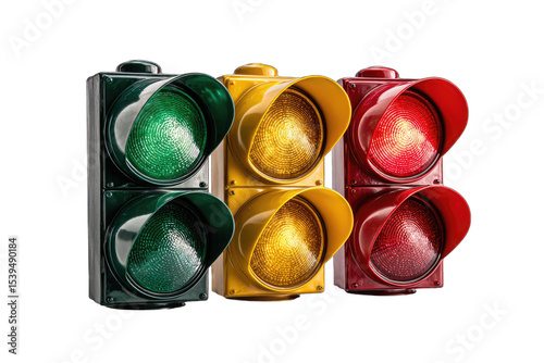 Three traffic signals, green, amber, and red, are shown in a row against a black background, exhibiting a realistic and glossy texture