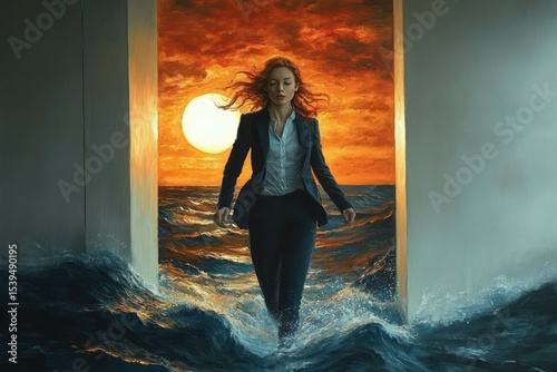 A woman in business attire walking confidently through crashing ocean waves framed by a doorway with a fiery sunset and large sun in the background