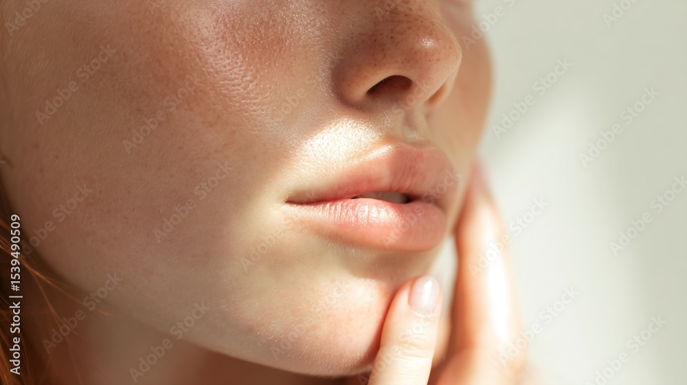 Obraz premium Close-up of healthy glowing human skin texture with smooth surface and natural tone, dermatology and skincare concept for beauty products or medical treatment.