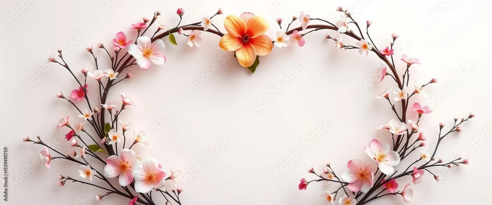 Fototapeta premium Elegant heart-shaped floral wreaths with blooming flowers and delicate branches, perfect for wedding or birthday invitations, vector art, hearts