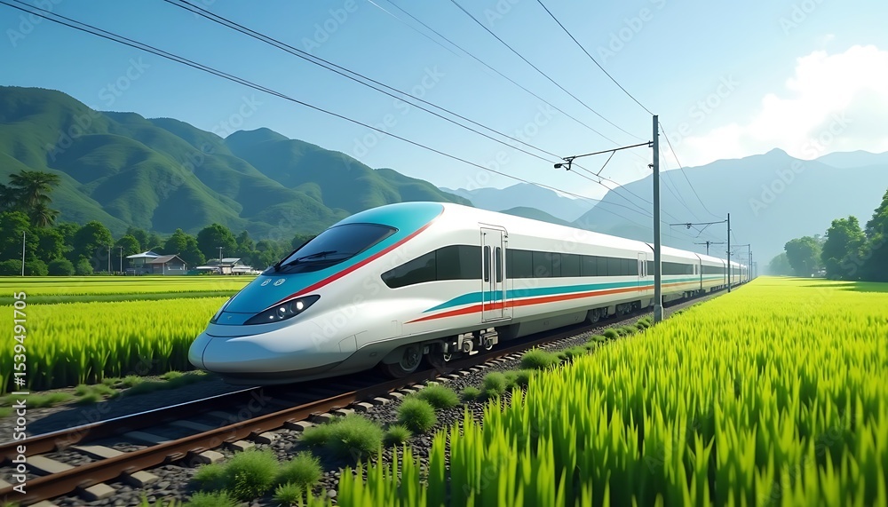 Fototapeta premium Modern Train Traveling Through Green Field on Sunny Day