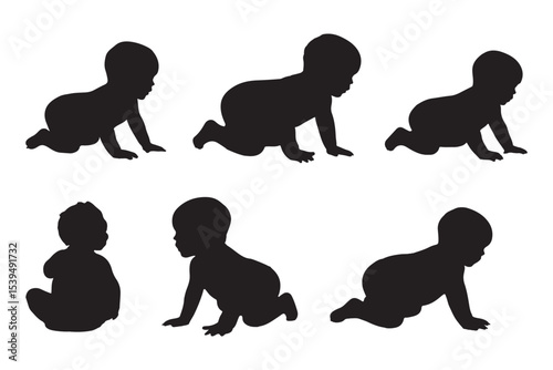 Set Of Child and Babies Silhouettes Illustration Isolated On White Background. Newborn baby child 0-1 year. Vector illustration. EPS 10