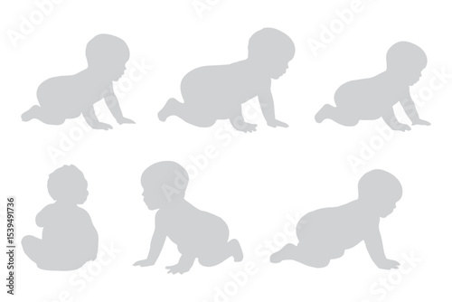Set Of Child and Babies Silhouettes Illustration Isolated On White Background. Newborn baby child 0-1 year. Vector illustration. EPS 10