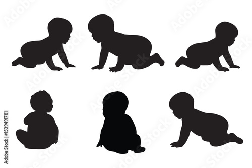 Set Of Child and Babies Silhouettes Illustration Isolated On White Background. Newborn baby child 0-1 year. Vector illustration. EPS 10