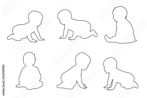 Set Of Child and Babies Silhouettes Illustration Isolated On White Background. Newborn baby child 0-1 year. Vector illustration. EPS 10