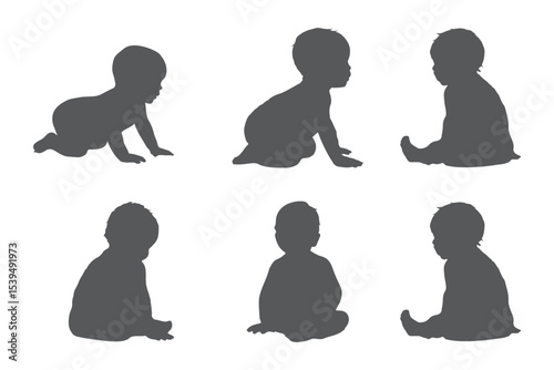 Set Of Child and Babies Silhouettes Illustration Isolated On White Background. Newborn baby child 0-1 year. Vector illustration. EPS 10