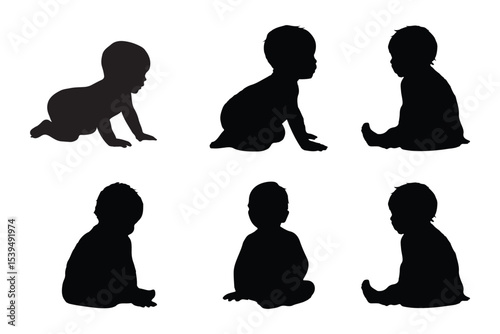 Set Of Child and Babies Silhouettes Illustration Isolated On White Background. Newborn baby child 0-1 year. Vector illustration. EPS 10