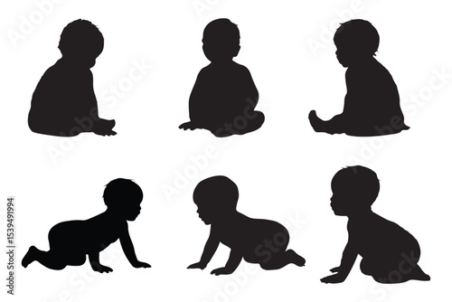 Set Of Child and Babies Silhouettes Illustration Isolated On White Background. Newborn baby child 0-1 year. Vector illustration. EPS 10