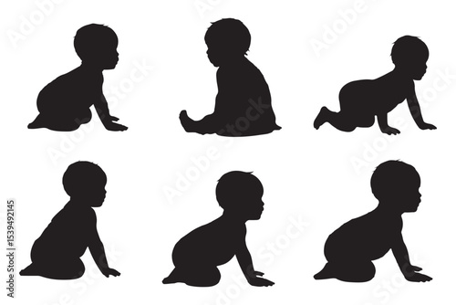 Set Of Child and Babies Silhouettes Illustration Isolated On White Background. Newborn baby child 0-1 year. Vector illustration. EPS 10
