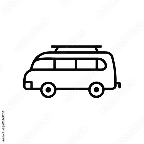 Line art illustration of a vintage camper van with a roof rack