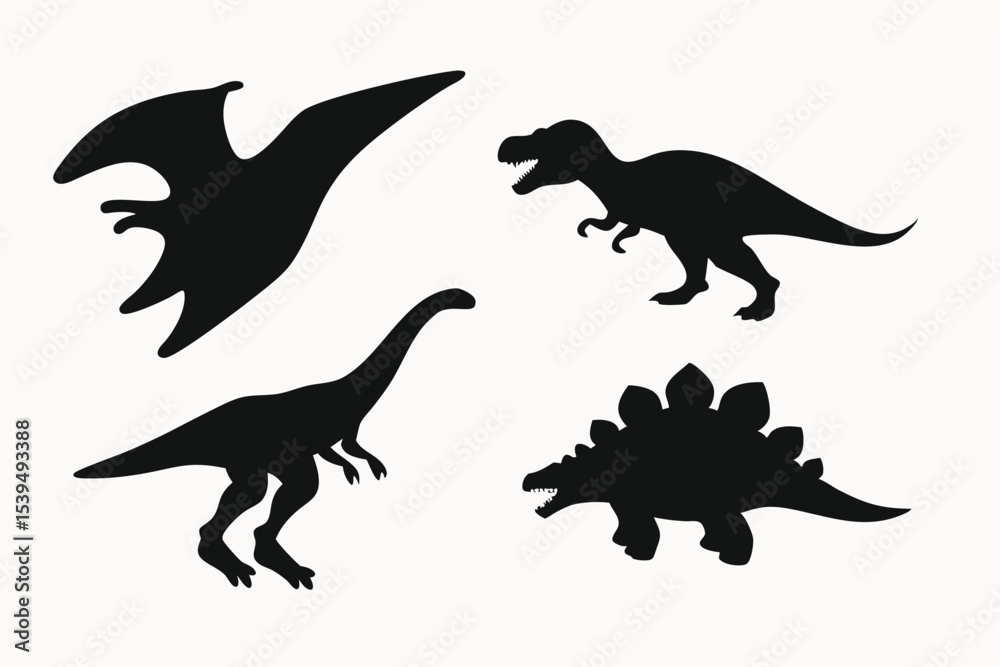 Naklejka premium Silhouette Collection Pterodactyl, Tyrannosaurus Rex, Brachiosaurus, Stegosaurus