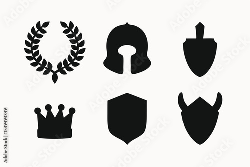 Set of Six Black and White Medieval  Icons Crowns, Shields, and Helmets