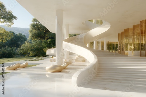 Serene architecture featuring a helical staircase and modern lounge area