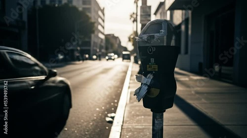 Parking meter being used on city street during late afternoon sunlight