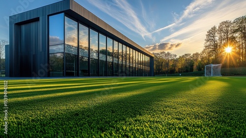 Modern building with large glass windows next to a vibrant green soccer field illuminated by warm sunset light with sun peeking through trees