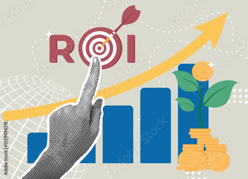 A trendy collage of halftone images. Achieving financial goals, ROI, and investment growth. The concept of ROI, return on investment, profit, ROI in business marketing. 