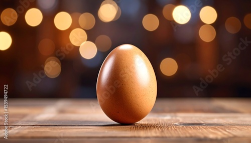 Brown egg with wooden table, and lights.