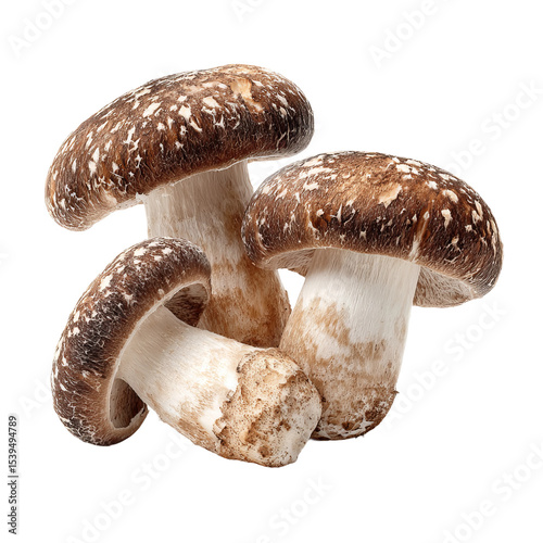 A close-up shot of delicious shiitake mushrooms, perfect for culinary uses. The mushrooms have large caps, stems and a spotted pattern