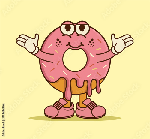 Retro donut cartoon character. Colorful, fun, and playful design ideal for bakery themes, logos, stickers, and vintage style cartoon vector illustrations