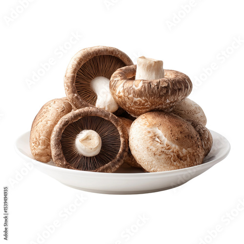 Pile of fresh shiitake mushroom in plate. Ingredient and mushroom texture