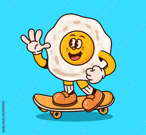 Cute retro fried egg cartoon character playing skateboard in a cheerful and playful style. Hand drawn food mascot perfect for breakfast theme design, sticker, poster, and logo. vector illustration