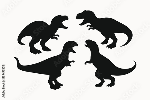Four Tyrannosaurus Rex Silhouettes  Prehistoric Reptile Icons, Jurassic Era Dinosaurs