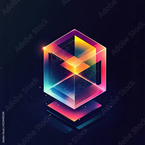 A vibrant, translucent cube hovers above colorful, geometric platforms against a dark background, emitting a soft glow