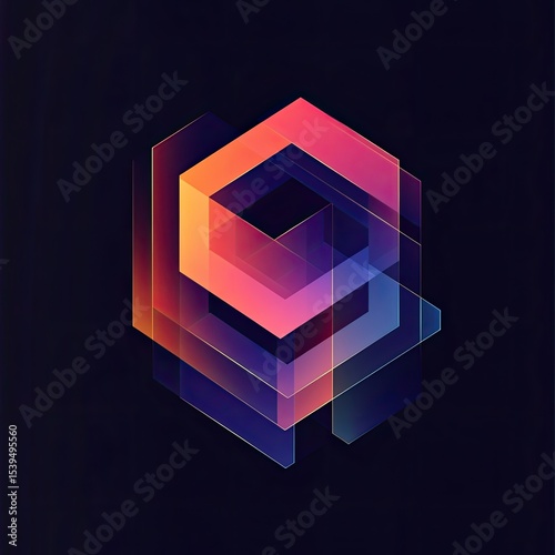 Abstract geometric design featuring layered, translucent hexagons in vibrant gradient hues of pink, purple, and blue against a dark background