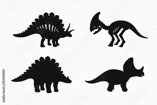 Prehistoric Silhouettes Dinosaur Skeletons and Solid Shapes Vector Illustration Set