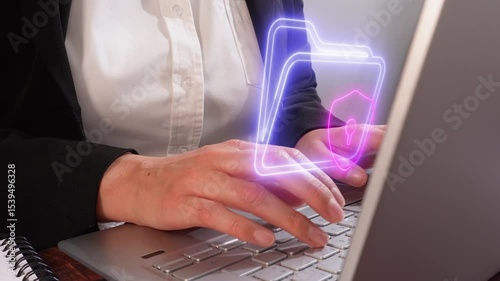 Business person on computer and folder icon hologram with shield, with