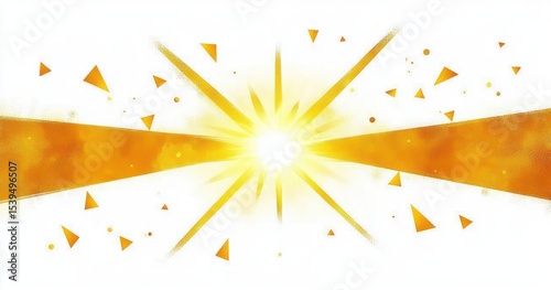 Bright radiant yellow starburst with geometric orange triangular shapes scattered on white background conveying energy and dynamism