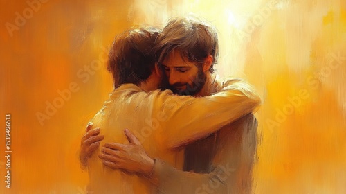 Two men embracing each other closely with warm gentle expressions against a glowing orange background, conveying a sense of comfort and emotional connection