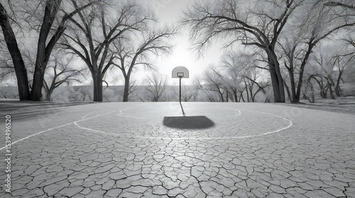 Desolate Court: A Black and White Infrared Photograph of a Cracked Basketball Court