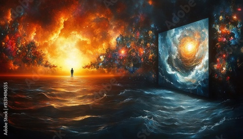 Surreal scene of a lone silhouette standing on water under a glowing fiery sky with colorful nebula clouds and a large illuminated cosmic portal reflecting celestial light