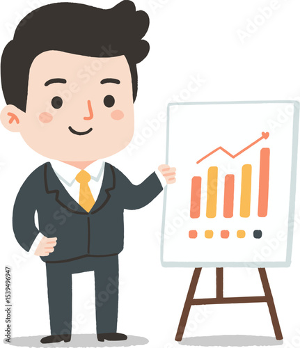 Business professional presenting growth statistics in a corporate setting during a meeting isolated on transparent background. Vector illustration.