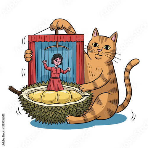 Cartoon Cat with Puppet Show on Durian.