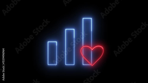 Animation of bar chart icon with heart with neon light effect
