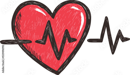 Heart symbol with heartbeat line conveying health awareness and medical themes isolated on transparent background. Vector illustration.