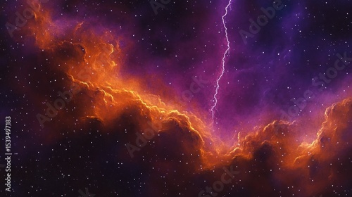 Vivid cosmic scene with glowing orange nebula and bright purple lightning bolt amidst starry deep space background