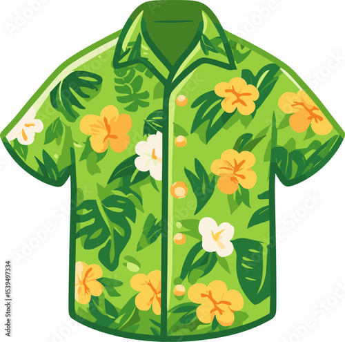 Bright green short-sleeve shirt with vibrant floral patterns for summer occasions and casual outings isolated on transparent background. Vector illustration.