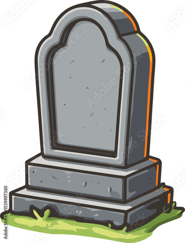 Gravestone in a serene cemetery setting with overgrown grass and gentle sunlight at twilight isolated on transparent background. Vector illustration.