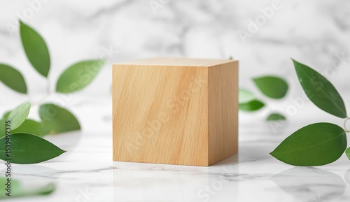 Light beige wooden cube podium on marble with green leaves