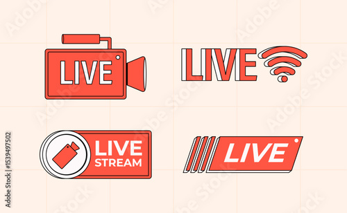 Red and white flat vector icons for live streaming, featuring cameras, wifi signal, mobile phone, and live text labels. Perfect for digital media, broadcasting, video streaming in cartoon vector