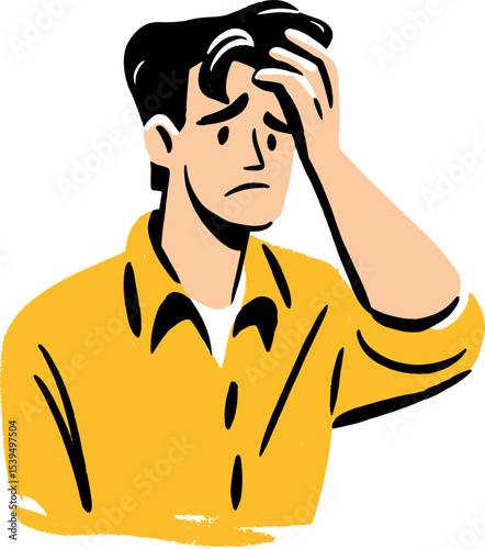 Man expressing confusion and anxiety while wearing a yellow shirt isolated on transparent background. Vector illustration.